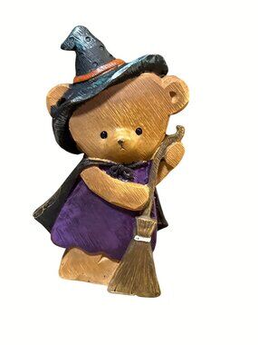 Youngs Inc. Halloween Witch Bear Figurine In Purple Dress With Broom - Made In C